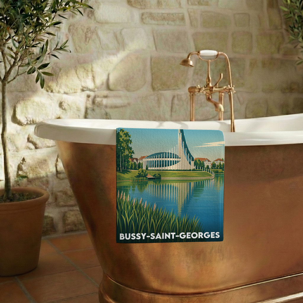 Serviette de bain souvenir de la ville de Bussy-Saint-Georges avec une illustration stylisée.