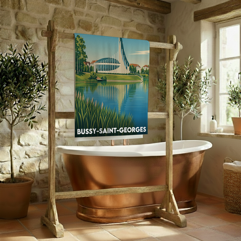 Serviette de bain souvenir de la ville de Bussy-Saint-Georges avec une illustration stylisée d'un paysage lacustre.