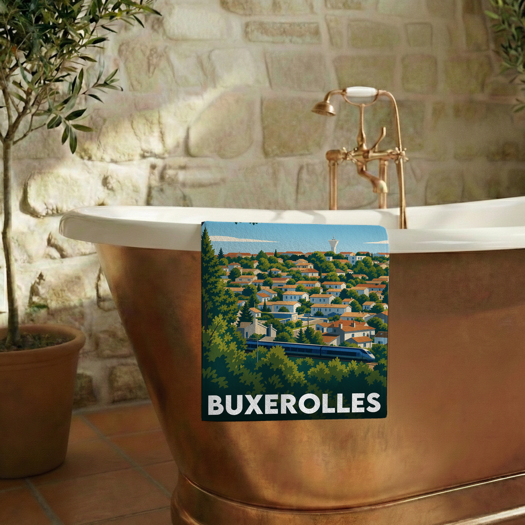 Serviette de bain souvenir de la ville de Buxerolles avec une illustration stylisée.