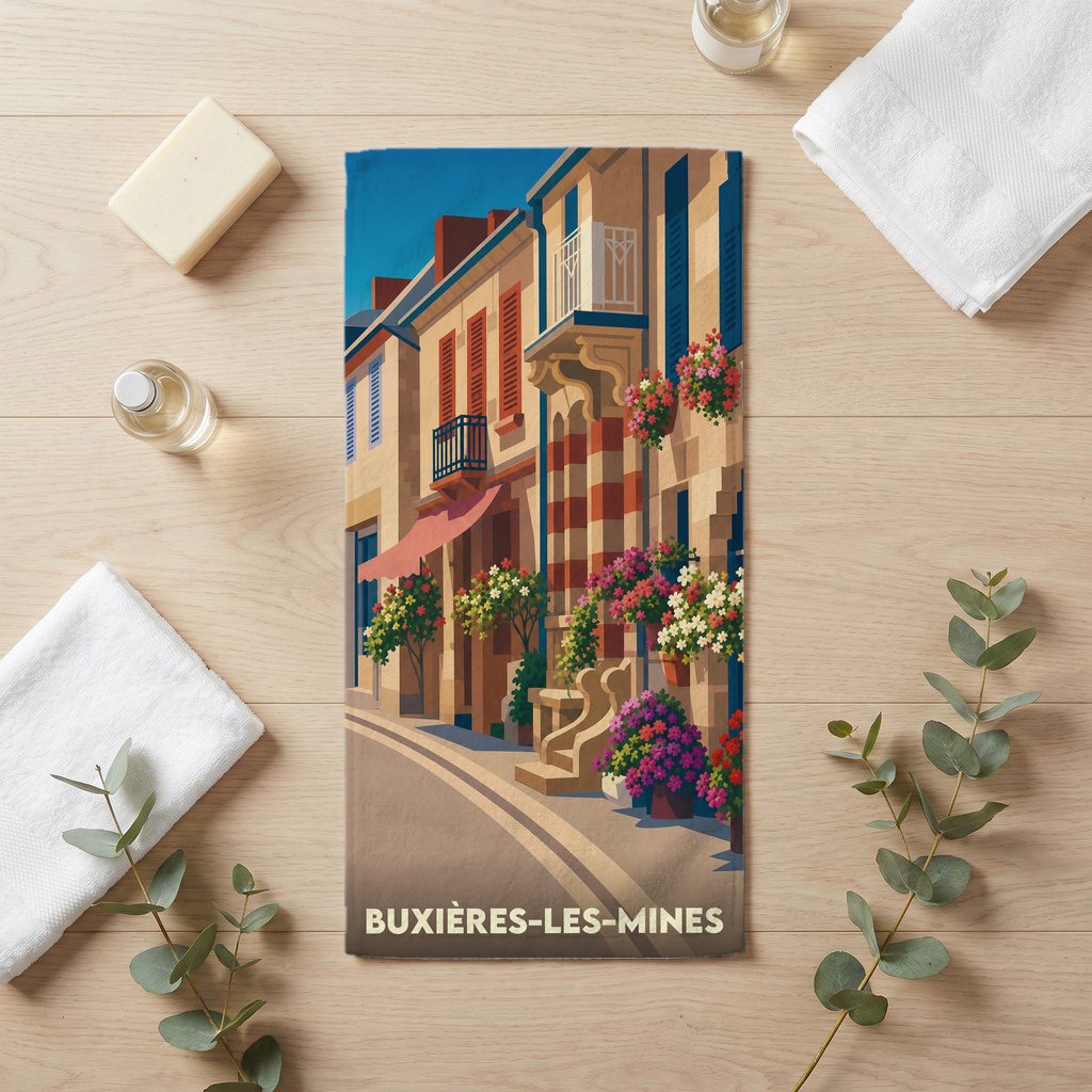 Serviette de bain souvenir de Buxières-les-Mines illustrée d'une scène de rue pittoresque et fleurie.
