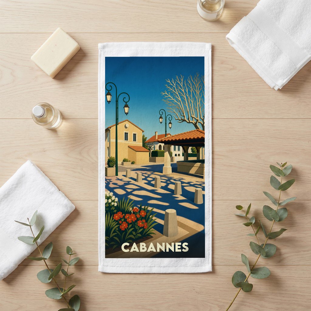 Serviette de bain souvenir de la ville de Cabannes avec une illustration stylisée.