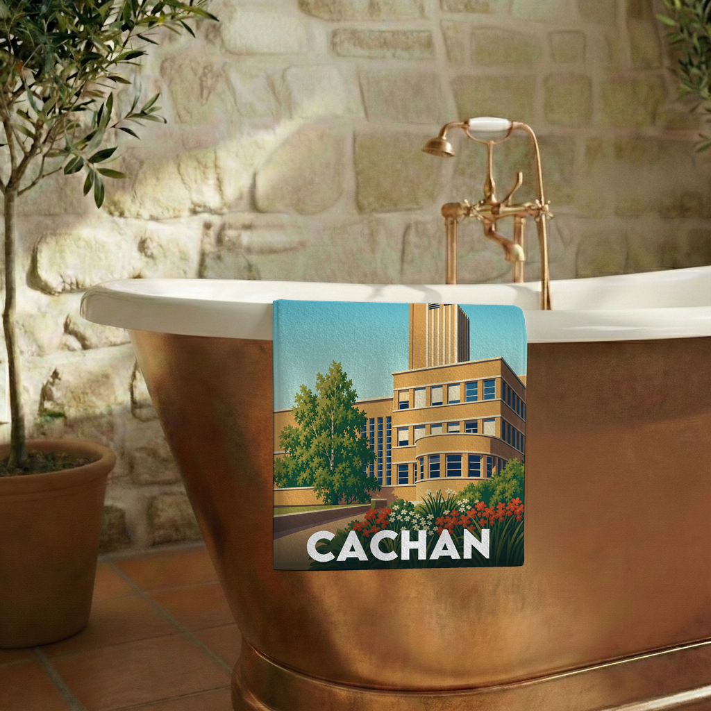 Serviette de bain souvenir de la ville de Cachan avec une illustration stylisée.