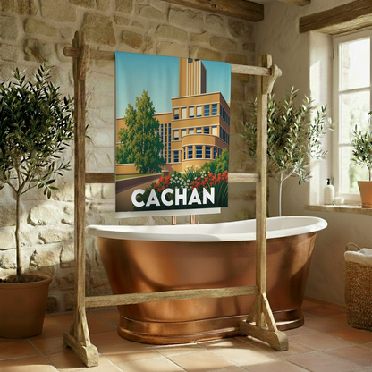 Serviette de bain souvenir de la ville de Cachan avec une illustration stylisée.