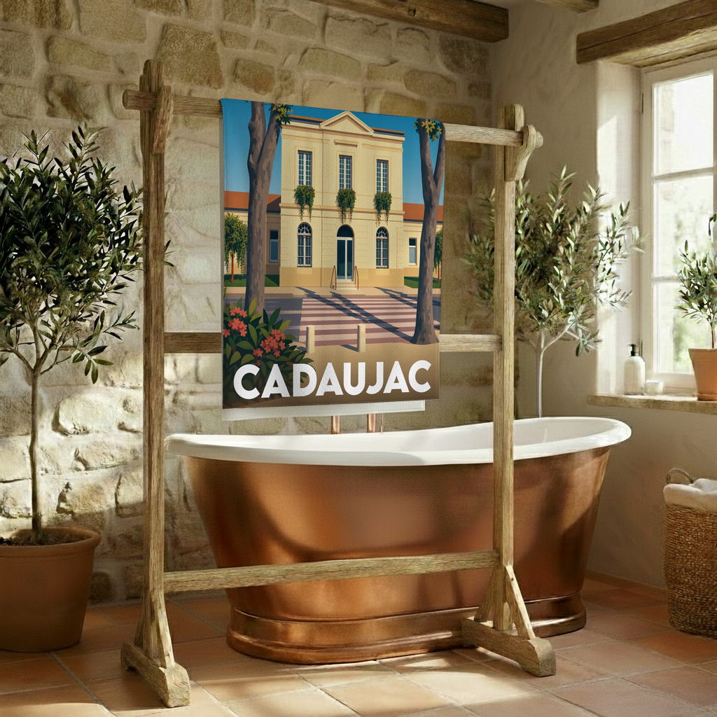 Serviette de bain souvenir de la ville de Cadaujac avec une illustration stylisée.