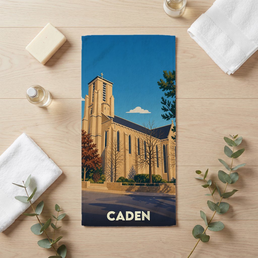 Serviette de bain souvenir de la ville de Caden avec une illustration stylisée d'une église.