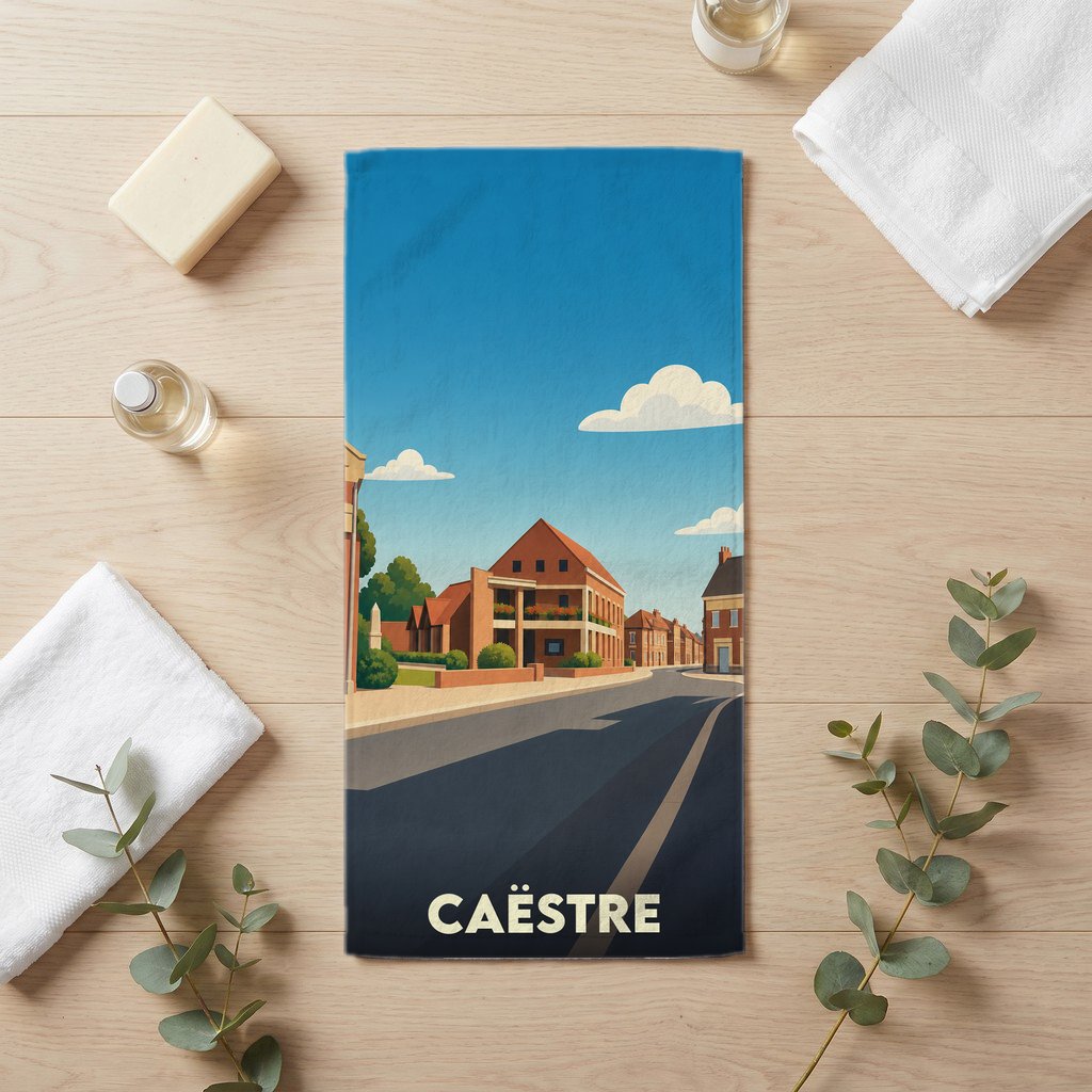 Serviette de bain souvenir de la ville de Caëstre avec une illustration stylisée.