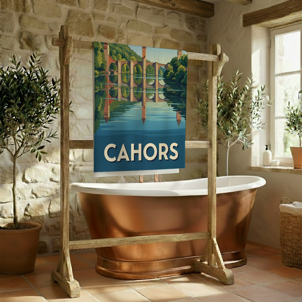 Serviette de bain souvenir de la ville de Cahors avec une illustration stylisée du pont Valentré.