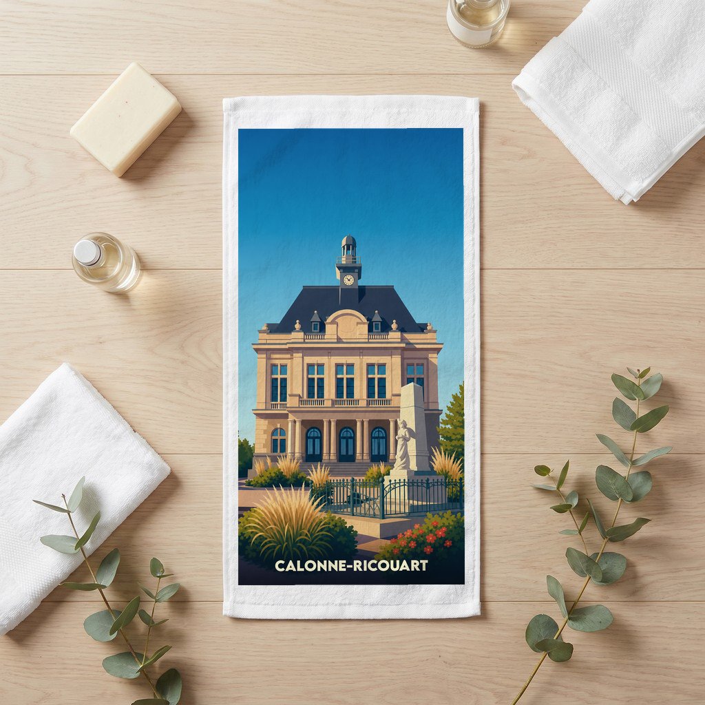 Serviette de bain souvenir de la ville de Calonne-Ricouart avec une illustration stylisée de son hôtel de ville.