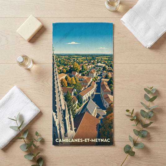 Serviette de bain souvenir de la ville de Camblanes-et-Meynac avec une illustration stylisée.