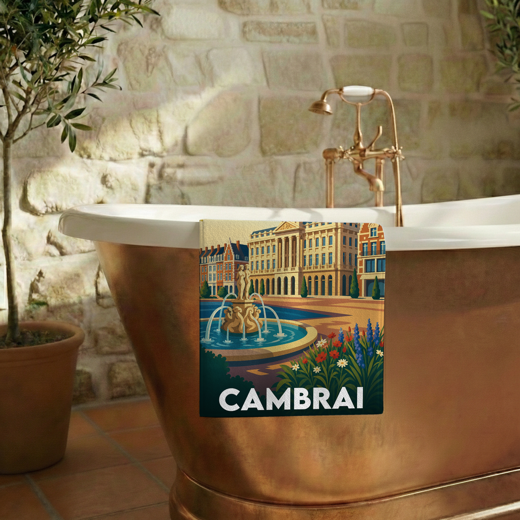 Serviette de bain souvenir de la ville de Cambrai avec une illustration stylisée.