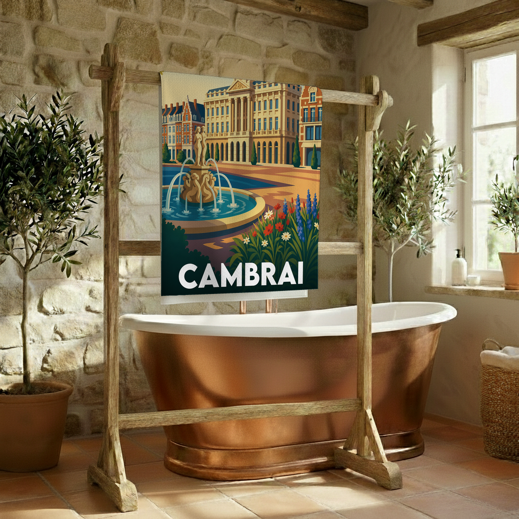 Serviette de bain souvenir de la ville de Cambrai avec une illustration stylisée.
