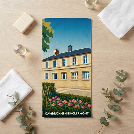 Serviette de bain souvenir de la ville de Cambronne-lès-Clermont avec une illustration stylisée.