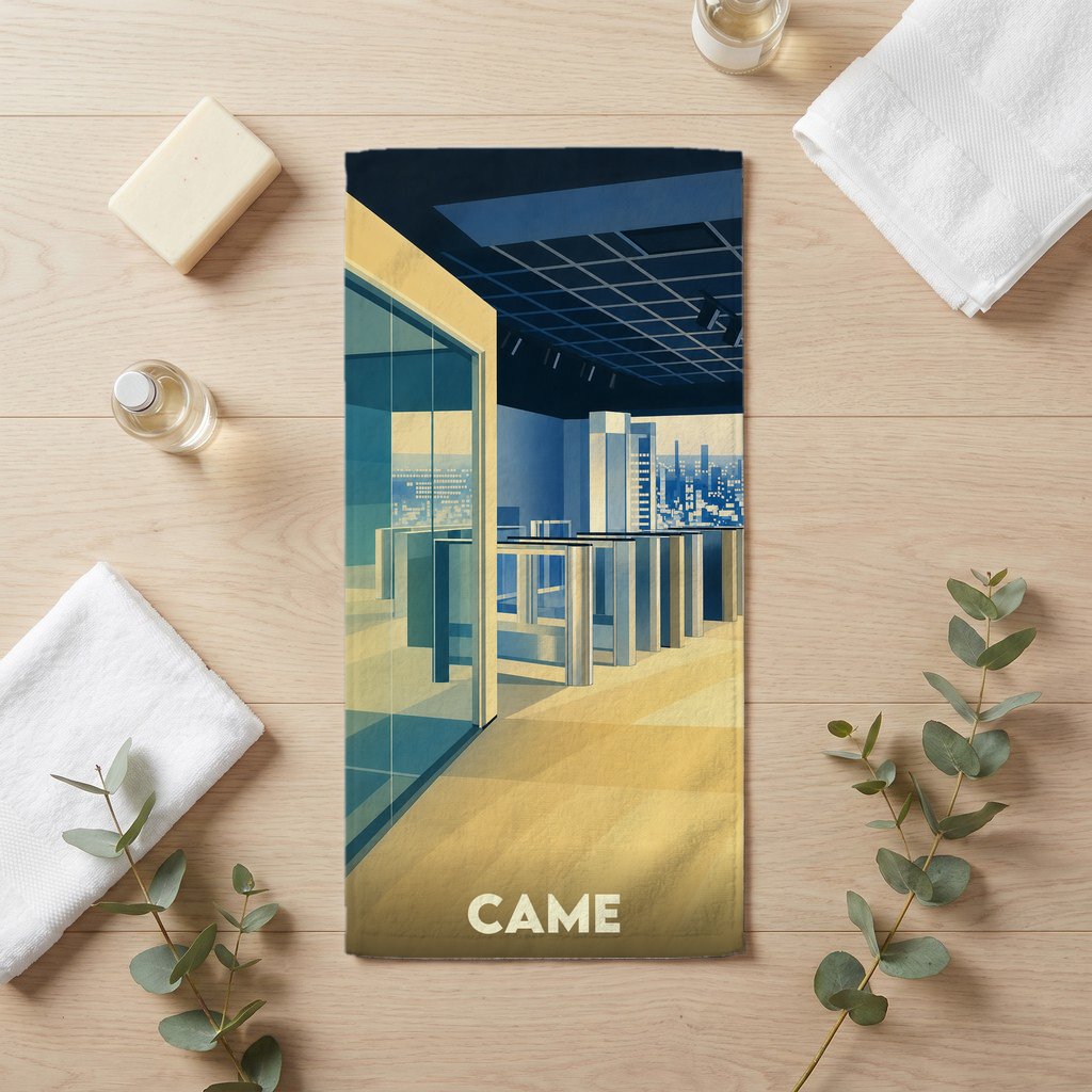 Serviette de bain souvenir de la ville de Came avec une illustration urbaine stylisée.