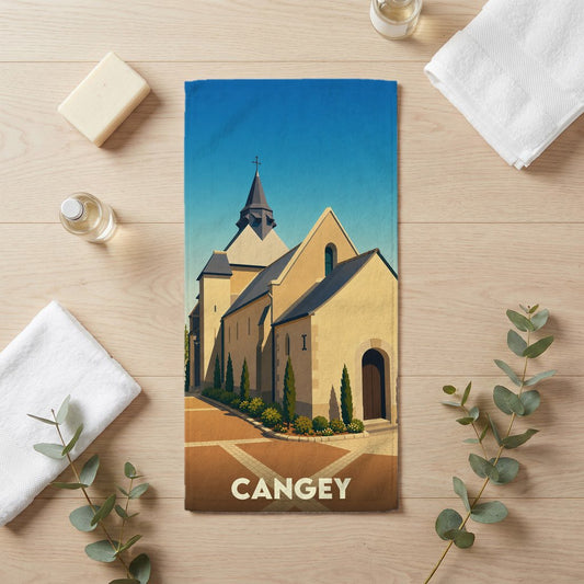 Serviette de bain souvenir de la ville de Cangey avec une illustration stylisée de son église.