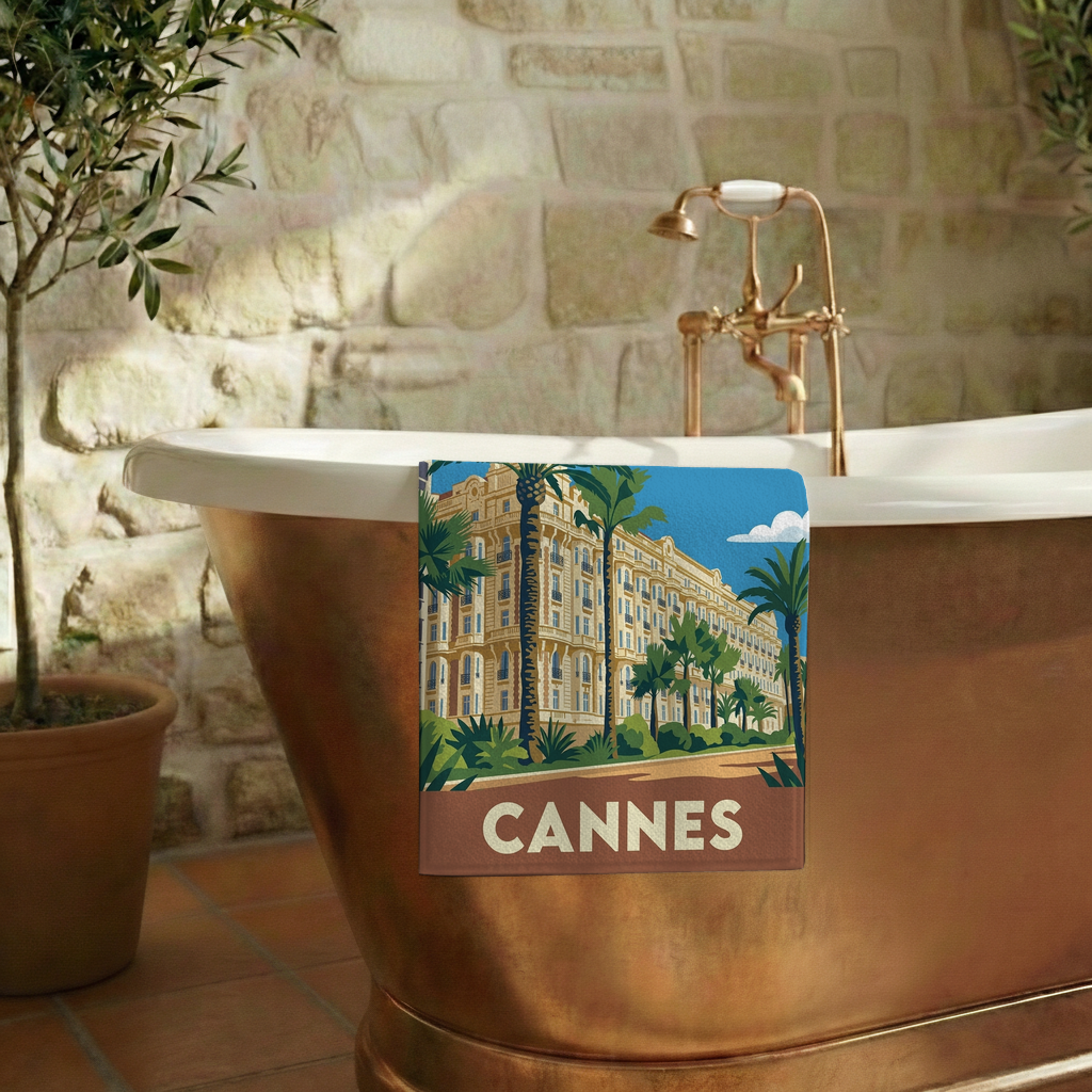 Serviette de bain souvenir de la ville de Cannes avec une illustration stylisée.