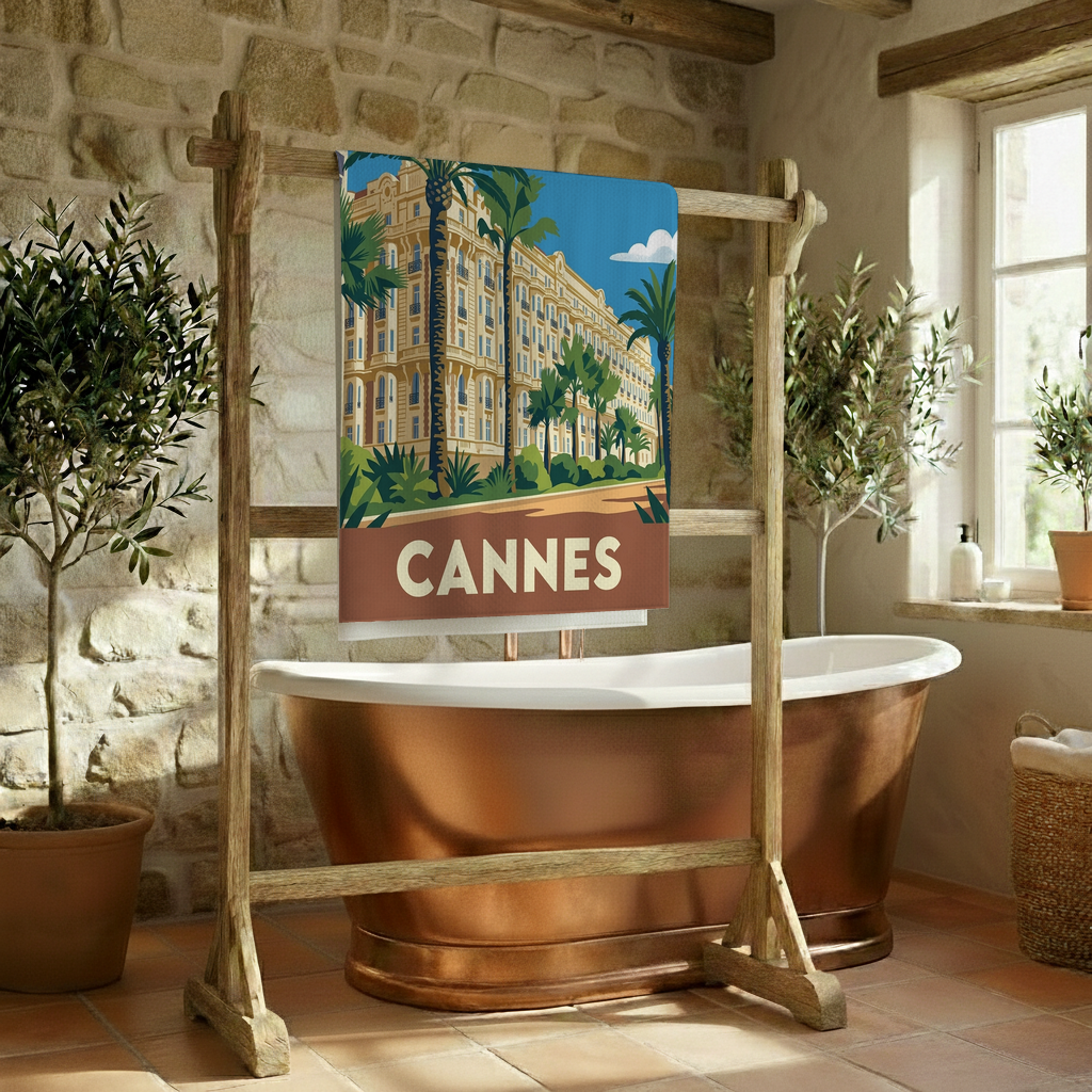 Serviette de bain souvenir de la ville de Cannes avec une illustration stylisée.
