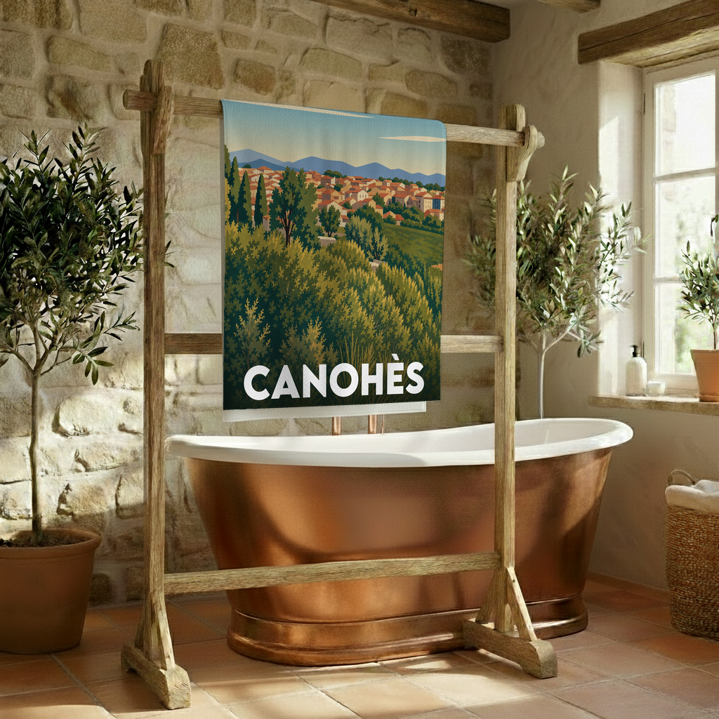 Serviette de bain souvenir de la ville de Canohès avec une illustration paysagère stylisée.