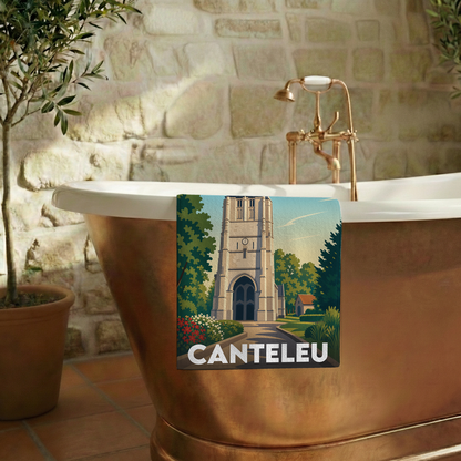 Serviette de bain souvenir de la ville de Canteleu avec une illustration stylisée.