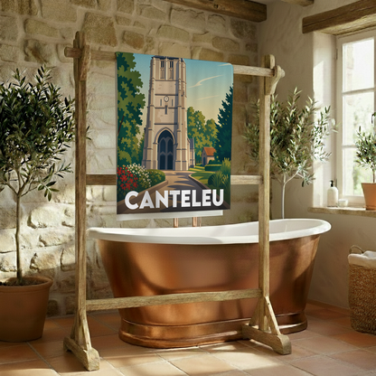 Serviette de bain souvenir de la ville de Canteleu avec une illustration stylisée.