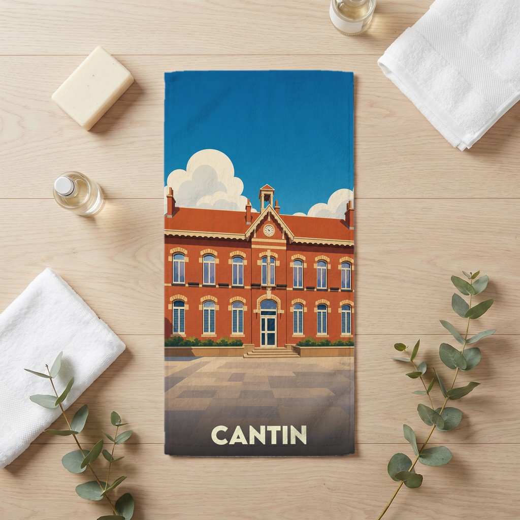 Serviette de bain souvenir de la ville de Cantin avec une illustration stylisée de son architecture.