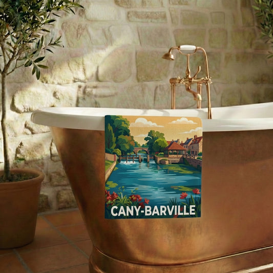 Serviette de bain souvenir de la ville de Cany-Barville avec une illustration stylisée.