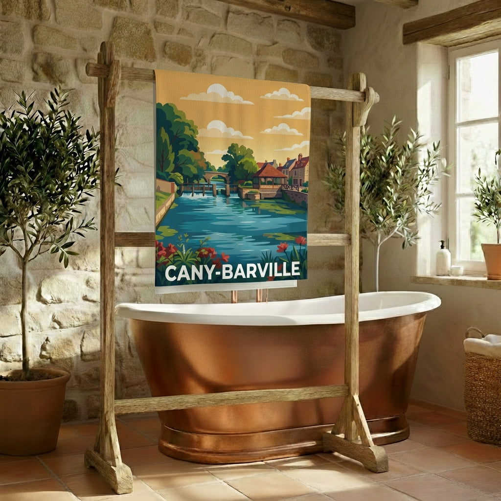 Serviette de bain souvenir de la ville de Cany-Barville avec une illustration stylisée.