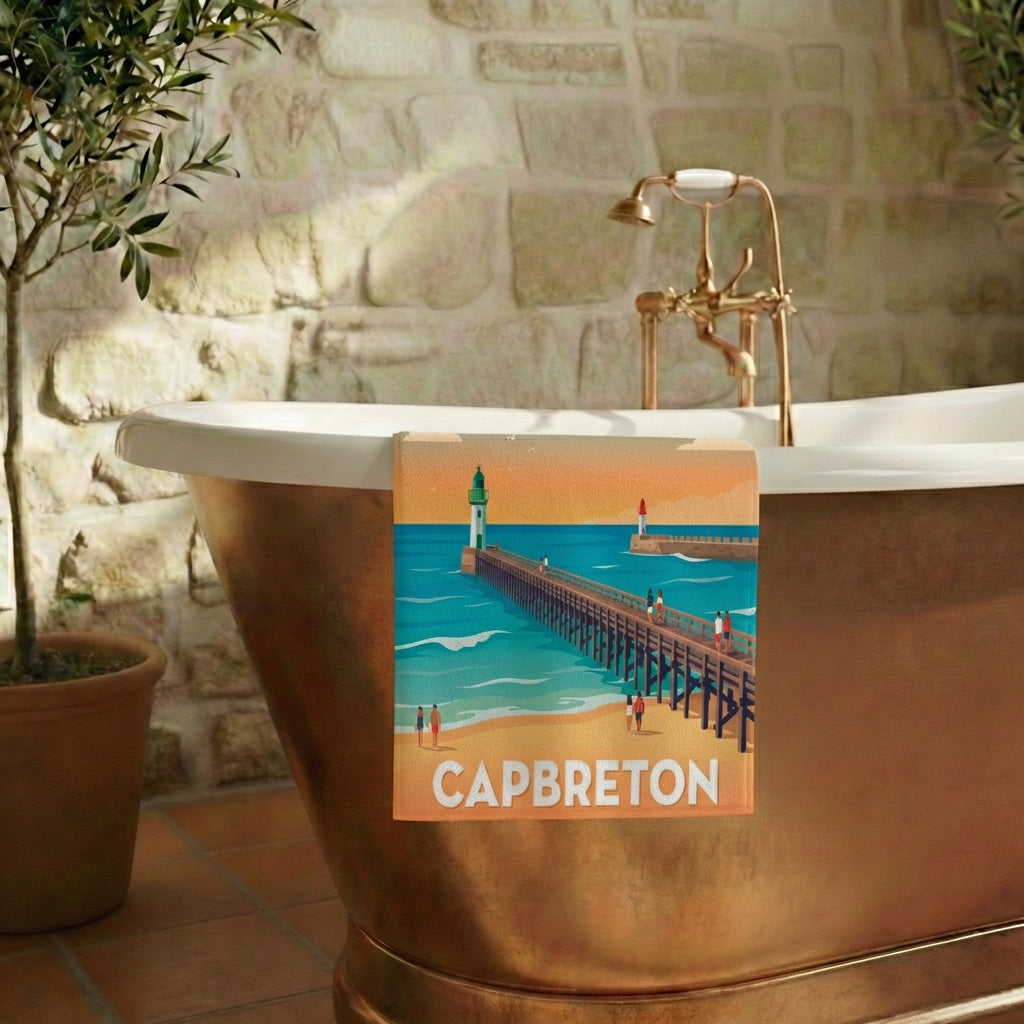 Serviette de bain souvenir de la ville de Capbreton avec une illustration stylisée de son estacade.