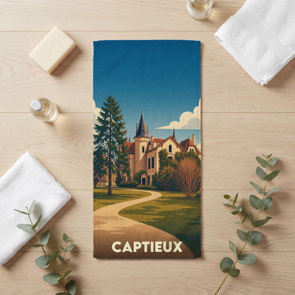Serviette de bain souvenir de la ville de Captieux illustrant un château dans un parc arboré au style rétro.
