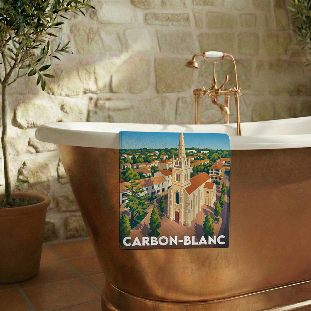 Serviette de bain souvenir de la ville de Carbon-Blanc avec une illustration stylisée.