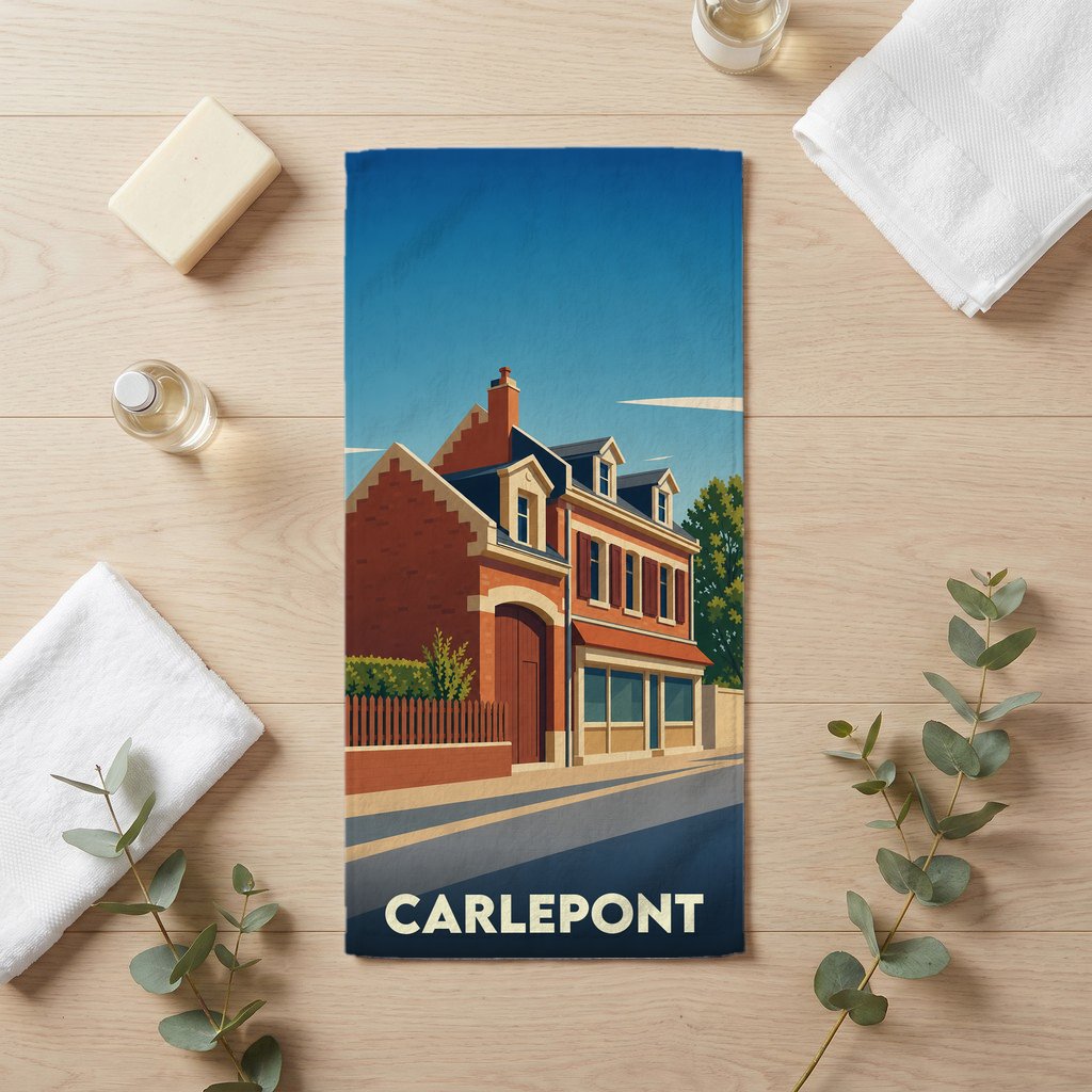 Serviette de bain souvenir de la ville de Carlepont avec une illustration stylisée d'un bâtiment traditionnel.