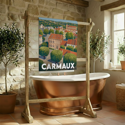 Serviette de bain souvenir de la ville de Carmaux avec une illustration stylisée.