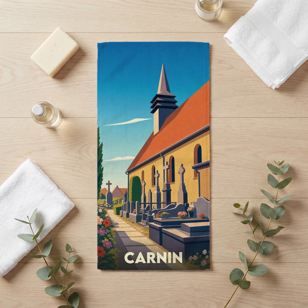 Serviette de bain souvenir de la ville de Carnin avec une illustration stylisée d'une église et d'un cimetière.