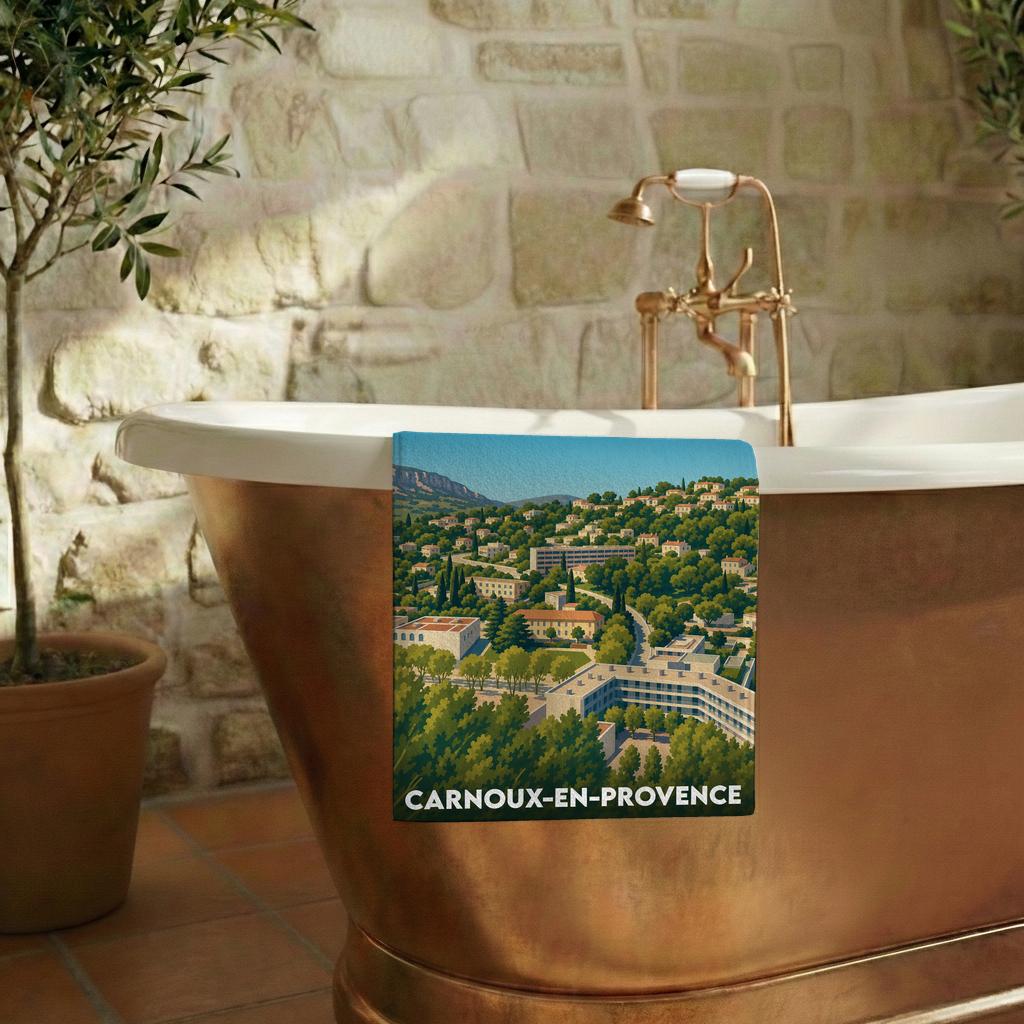 Serviette de bain souvenir de la ville de Carnoux-en-Provence avec une illustration de paysage urbain.