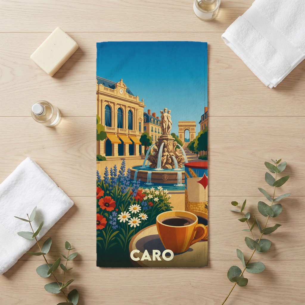 Serviette de bain souvenir de la ville de Caro avec une illustration stylisée.