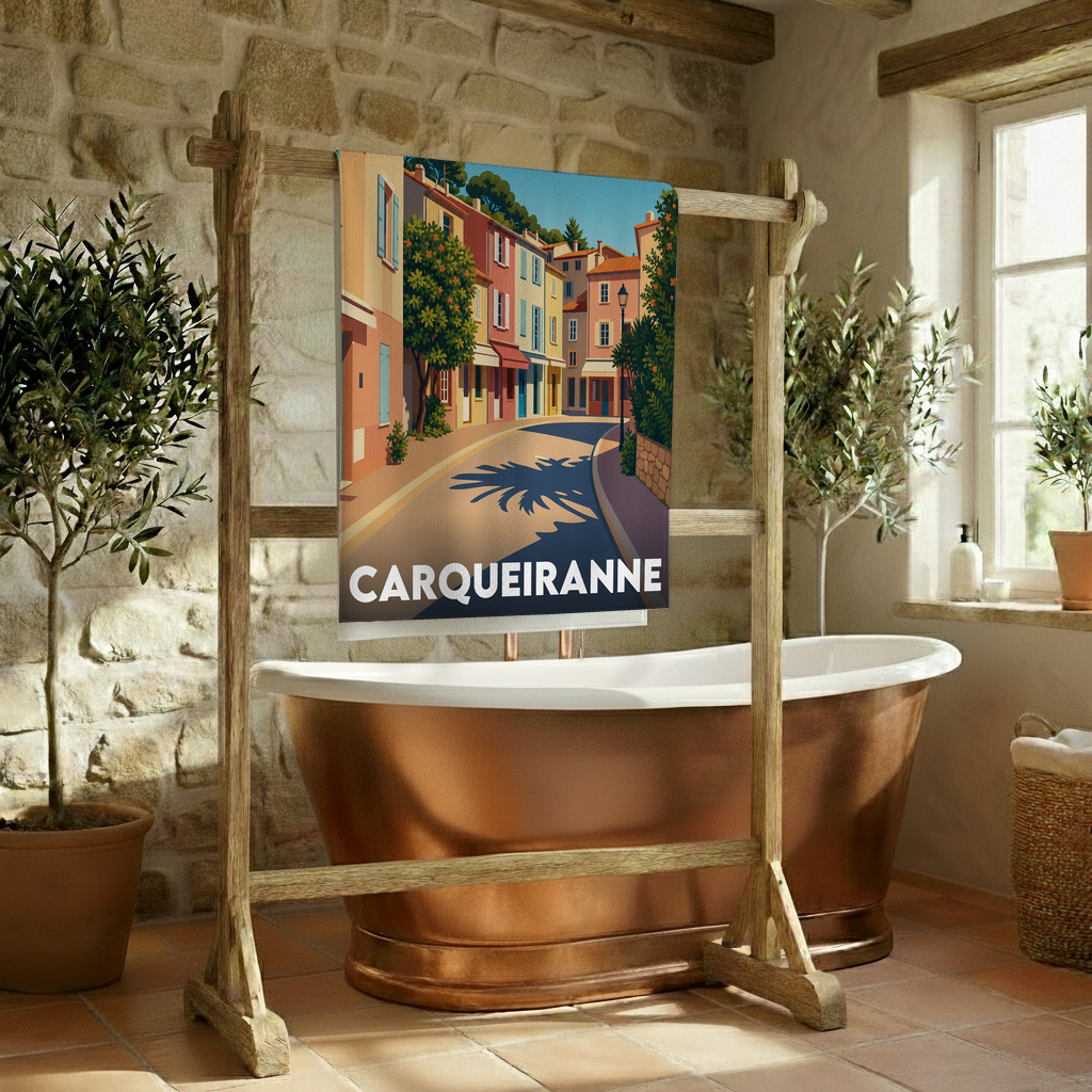 Serviette de bain souvenir de la ville de Carqueiranne avec une illustration stylisée.