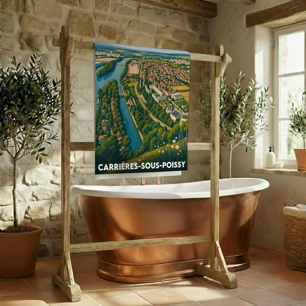 Serviette de bain souvenir de la ville de Carrières-sous-Poissy avec une illustration paysagère stylisée.