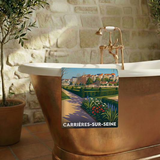Serviette de bain souvenir de la ville de Carrières-sur-Seine avec une illustration stylisée.
