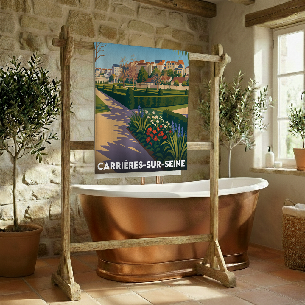 Serviette de bain souvenir de la ville de Carrières-sur-Seine avec une illustration stylisée.