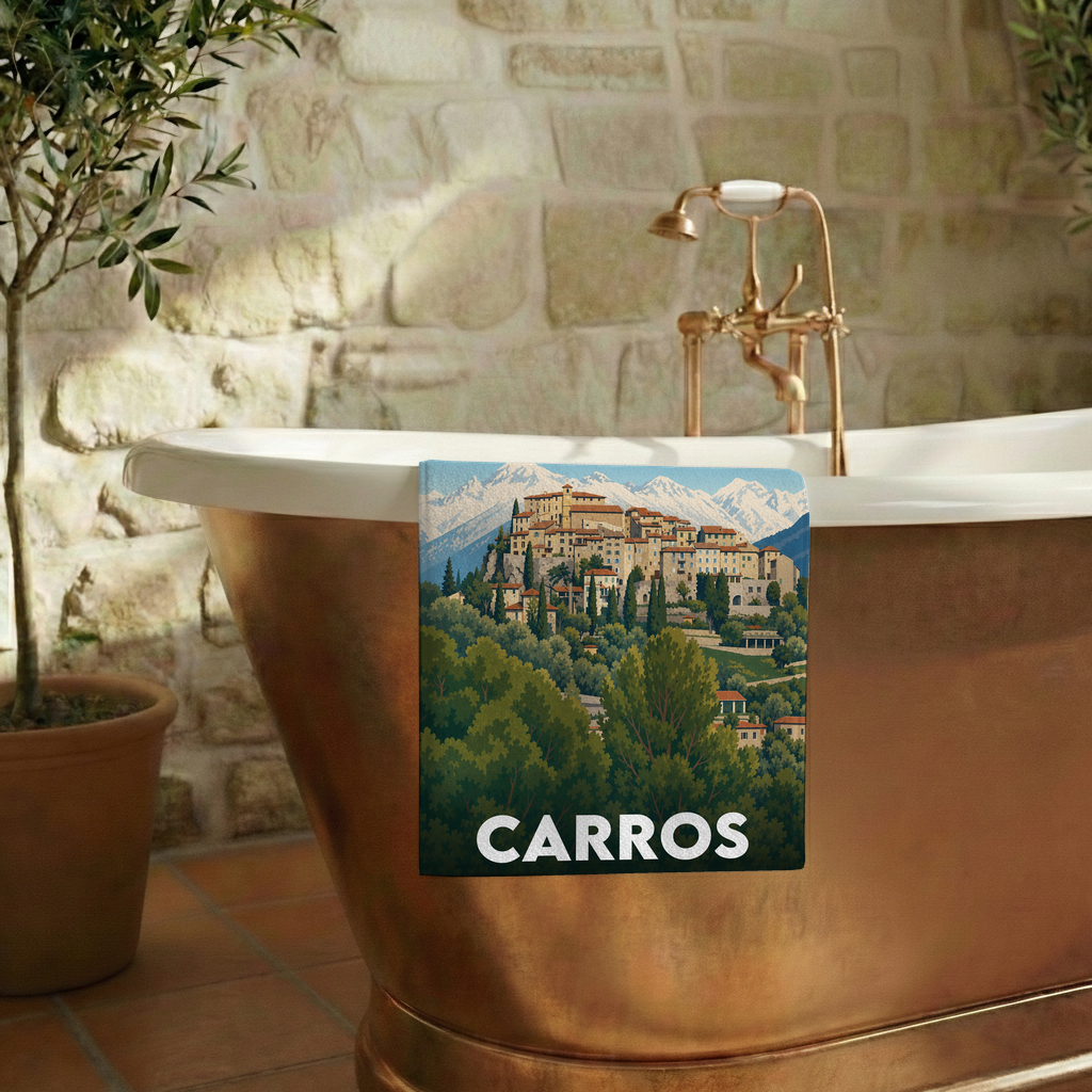 Serviette de bain souvenir de la ville de Carros avec une illustration stylisée.