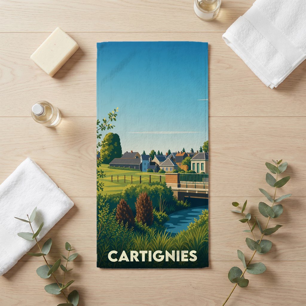 Serviette de bain souvenir de la ville de Cartignies avec une illustration de paysage champêtre.