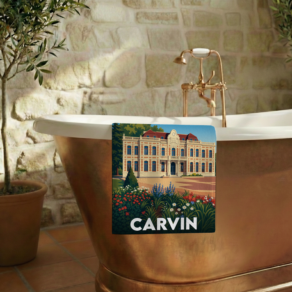 Serviette de bain souvenir de la ville de Carvin avec une illustration stylisée de l'hôtel de ville.
