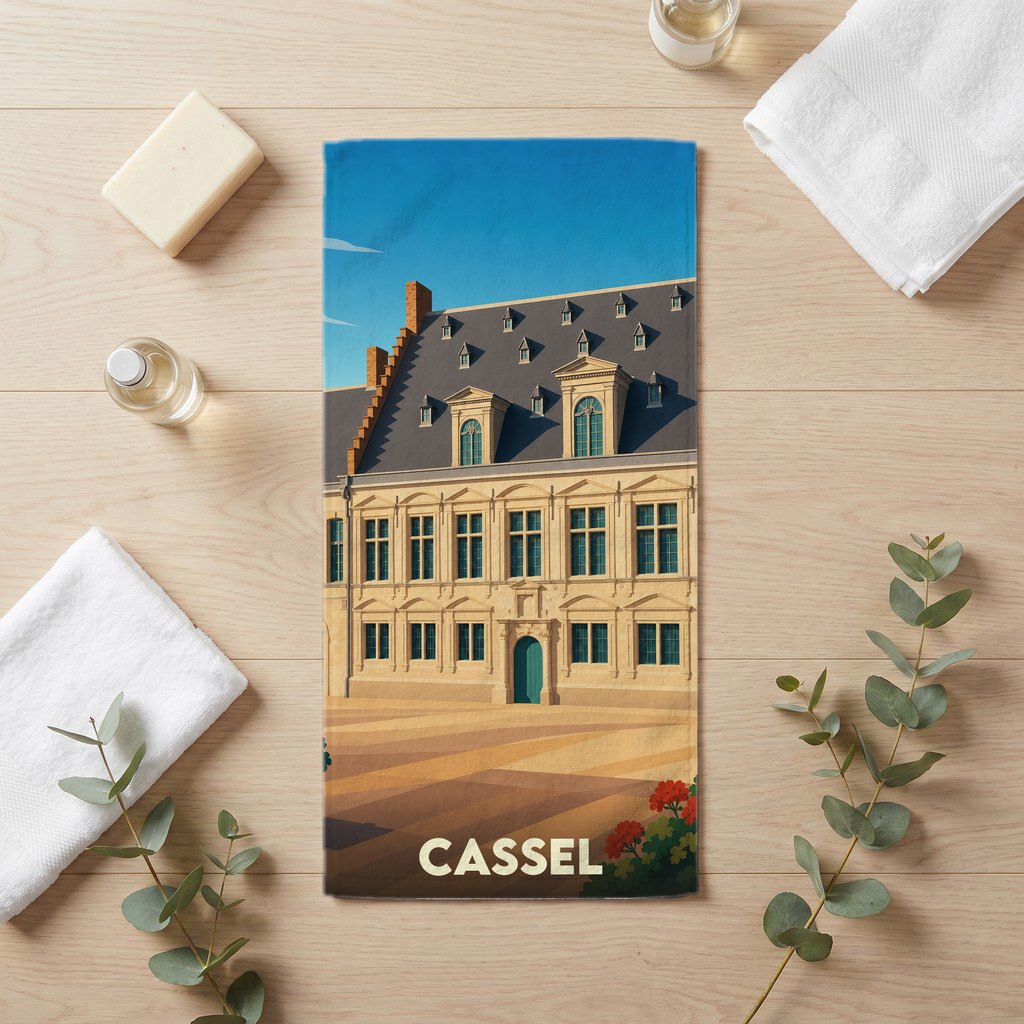 Serviette de bain souvenir de la ville de Cassel avec une illustration stylisée de son architecture historique.