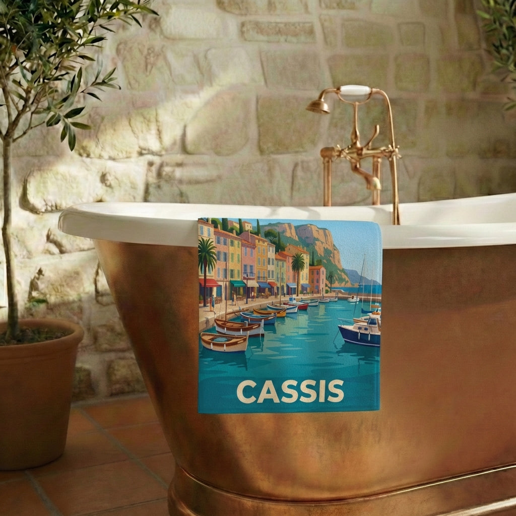 Serviette de bain souvenir de la ville de Cassis avec une illustration stylisée de son port.