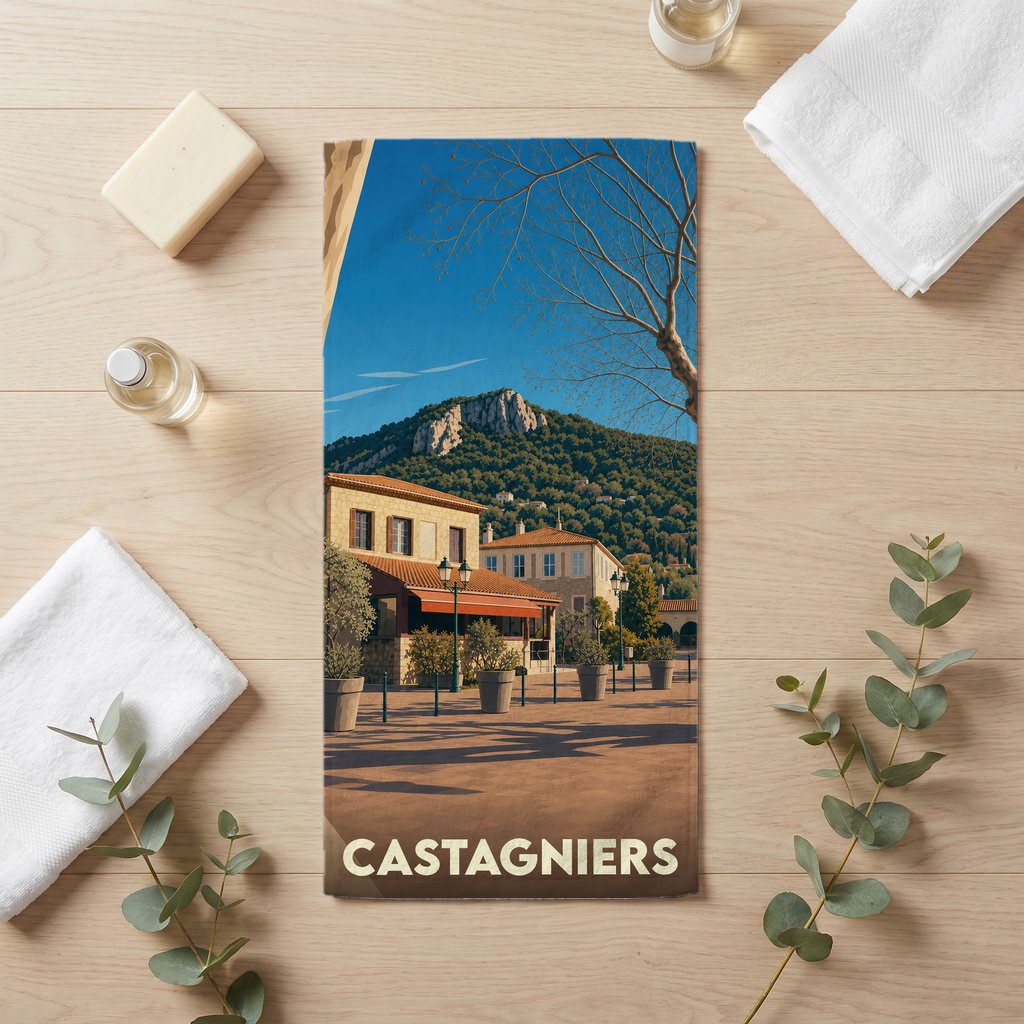 Serviette de bain souvenir de la ville de Castagniers avec une illustration stylisée.