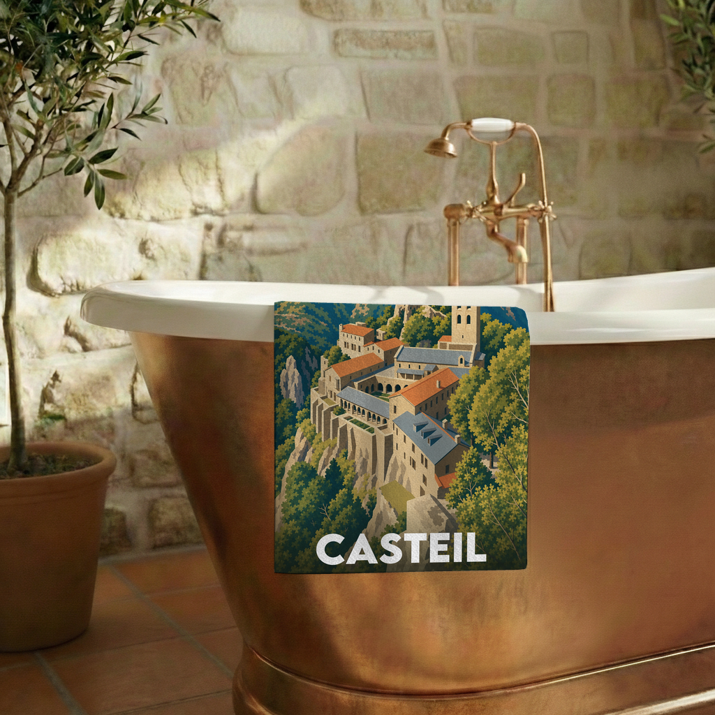 Serviette de bain souvenir de la ville de Casteil avec une illustration stylisée.