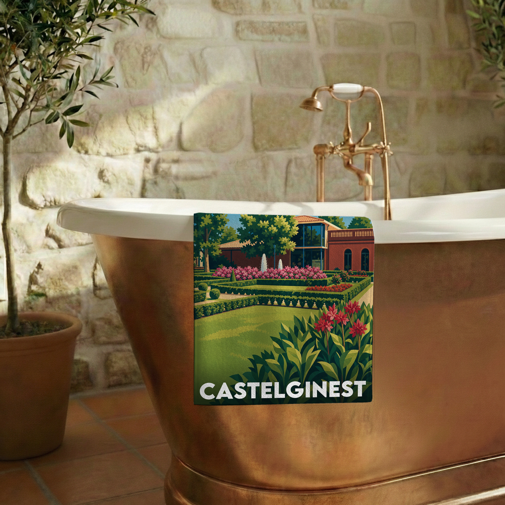 Serviette de bain souvenir de la ville de Castelginest avec une illustration de jardin stylisée.
