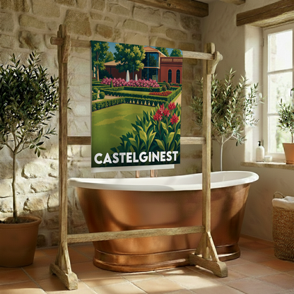 Serviette de bain souvenir de la ville de Castelginest ornée d'une illustration stylisée de ses jardins.