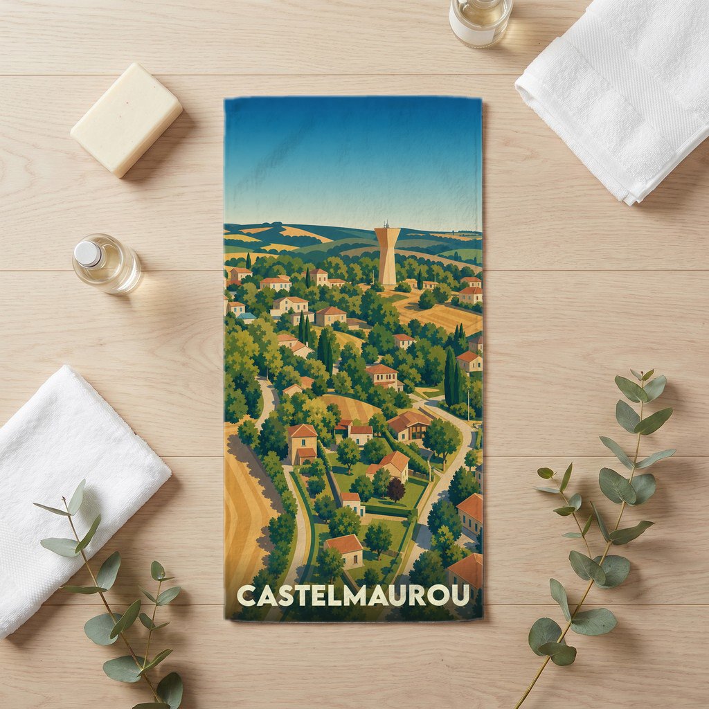 Serviette de bain souvenir de la ville de Castelmaurou avec une illustration stylisée de son paysage.