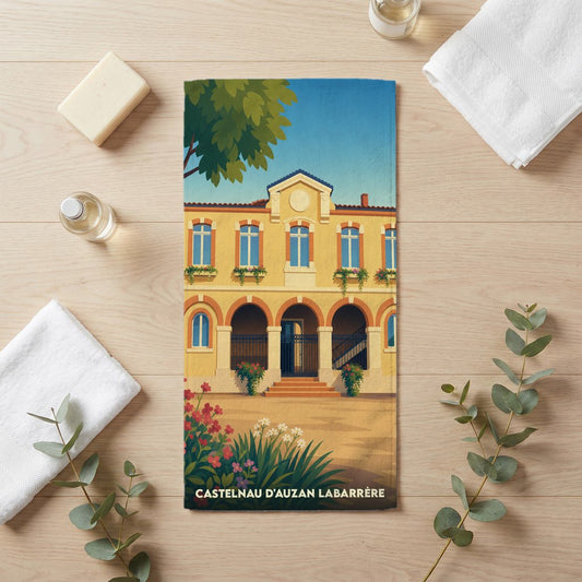 Serviette de bain souvenir de Castelnau d’Auzan Labarrère illustrée par une vue stylisée de la mairie.