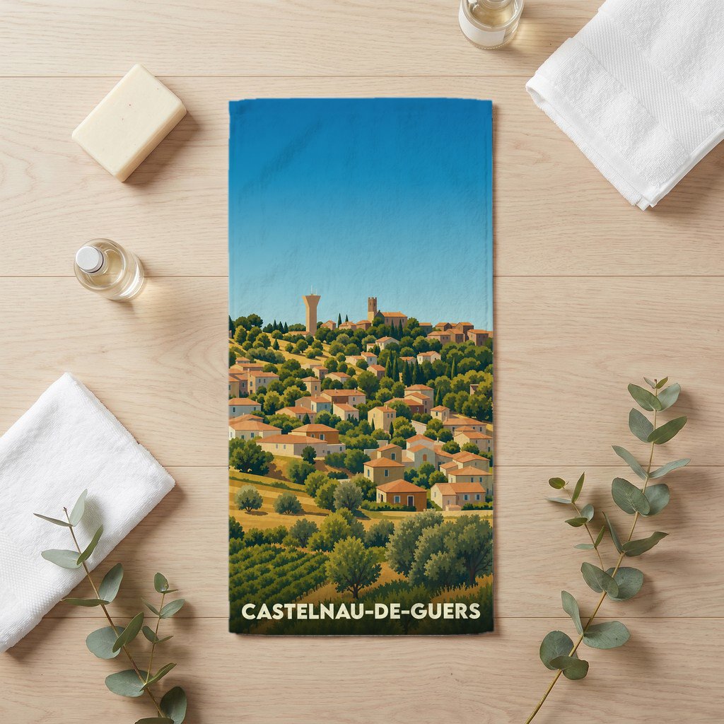 Serviette de bain souvenir de la ville de Castelnau-de-Guers avec une illustration stylisée d'un village perché.